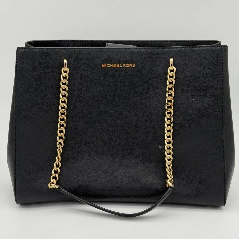 Michael Kors Ellis Large Black Leather Gold Chain Shoulder Tote Bag Purse